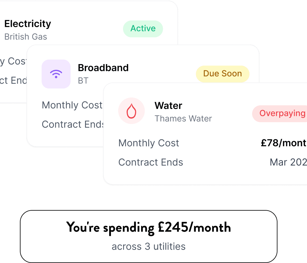 App screenshot of widgets stacked showing monthly outgoings for utilities, broadband, and water.